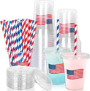 50Pcs 12Oz Patriotic Disposable Plastic Cups with Lids and Straws 4th of July American Flag Cold Beverage Drinking Cups for Independence Day Party Supplies