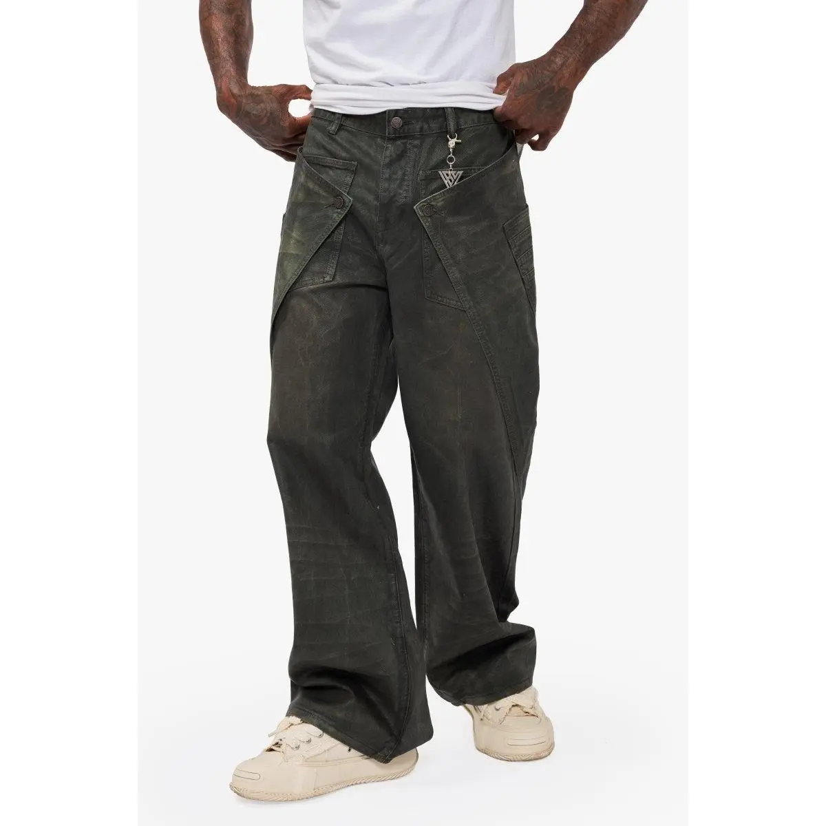 Men's Vintage Olive Waxed Baggy Jeans, 90s Look Unisex Streetwear Trousers with Oversized Flap Pockets, Pants, Drape, Retro Style, Waxed Denim, Baggy Legs, Utility Wear, Menswear, Spot Clean, Jeans Pants, Contrast Stitch, 1990S Men's Jeans