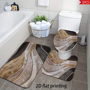 3PCS 2D Flat Wavy Texture Bath Rug Set, Brown Coffee Flannel Non-Slip Absorbent Mat, Includes U-Shaped Rug and Toilet Lid Cover