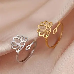 A 304 304 Stainless Steel Adjustable Ring Featuring a Hollow Lotus Design, a Geometric Ring That Is Easy And Perfect As a Gift for Mothers., For Teenager, For Teenager