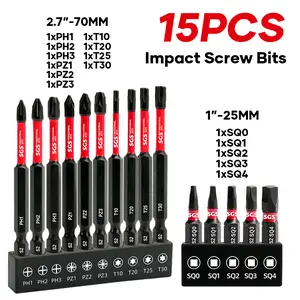 15 Pcs Industrial Torx/Phillips/Pozi/Square Screwdriver Bits, S2 Alloy Steel, Impact And Wear-Resistant, Anti-slip Magnetic Drill Head, Ultra-high Torque, 1/4 Inch Hex Shank, Designed For Automotive, Machinery, Home Repair, Handicrafts