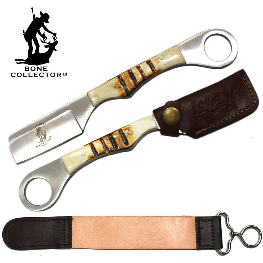 BC 866-BN 8" Fixed-Blade Razor Knife with Bone Handle, Stainless Steel Razorblade, Leather Sheath & Sharpening Strop Belt, Outdoor Camping Hiking Tool, Guys Gift