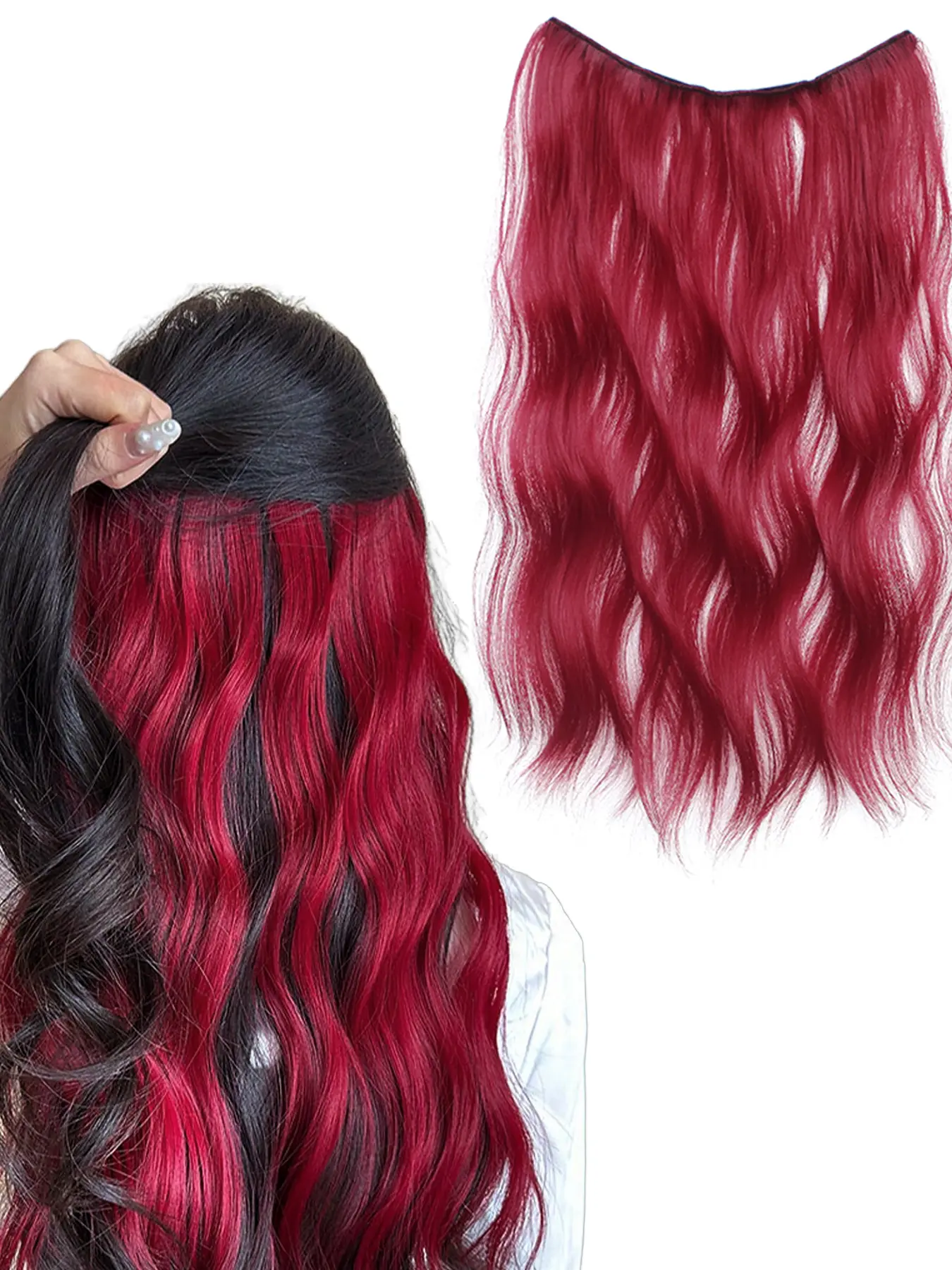 20-inch clip-in hair extensions, synthetic wig one-piece extension, natural water wave pattern, synthetic fiber, suitable for women and girls' fashion wig extensions, suitable for Halloween, Christmas parties, festivals, and everyday use  red, blue, pink,