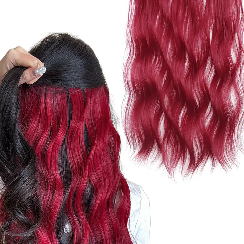 20-inch clip-in hair extensions, synthetic wig one-piece extension, natural water wave pattern, synthetic fiber, Wavy synthetic hair, suitable for women and girls' wig extensions, Halloween, Christmas parties, festivals, and everyday use, red, blue