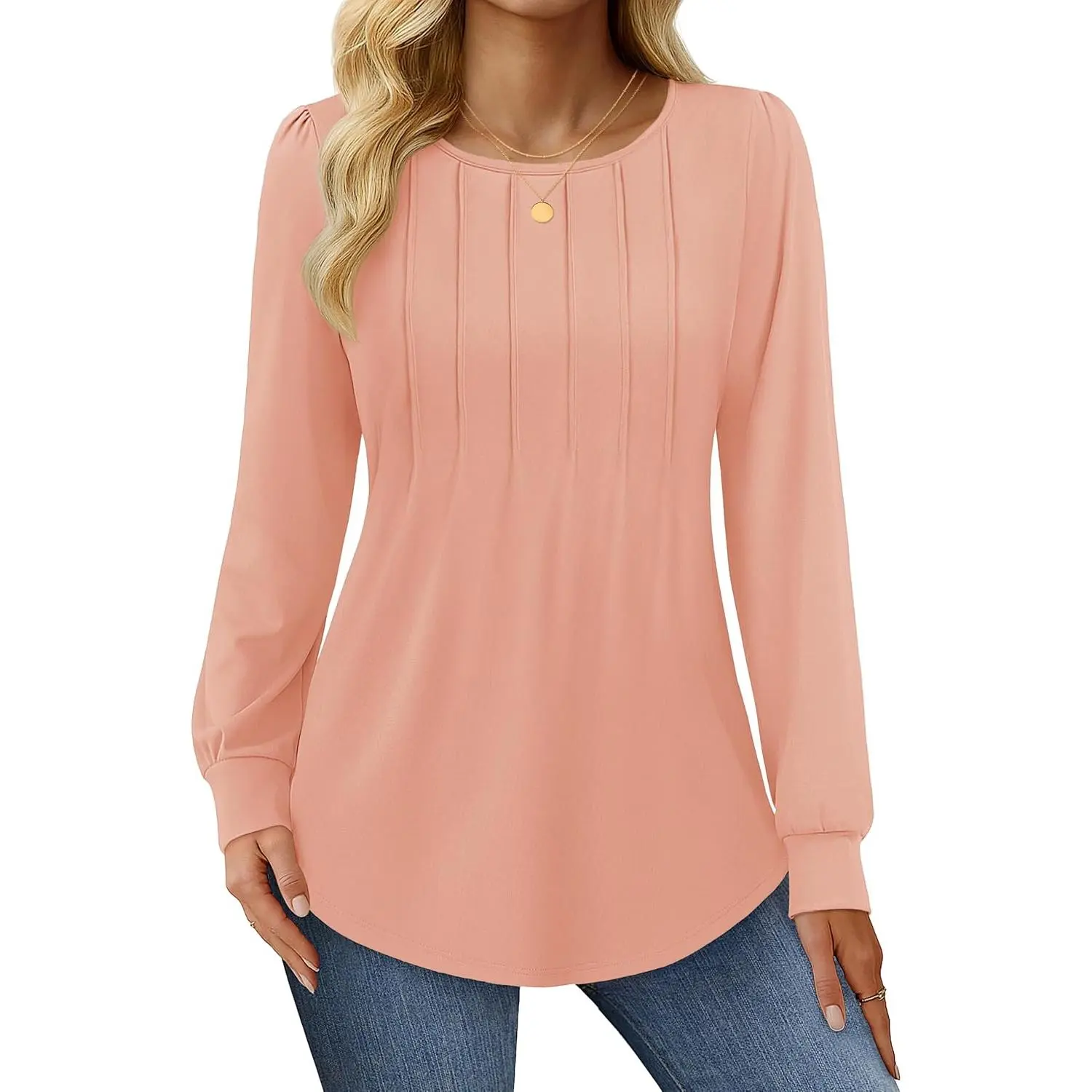 Cotrasen Womens Tunic Tops Long Sleeve Crew Neck Pleated Fall Casual Tops | Puff Sleeve,Pleated Front,Fall Winter Pullover,Dressy Casual Tunic,Business Office Tops,Daily Outing Shirts,Soft,Breathable