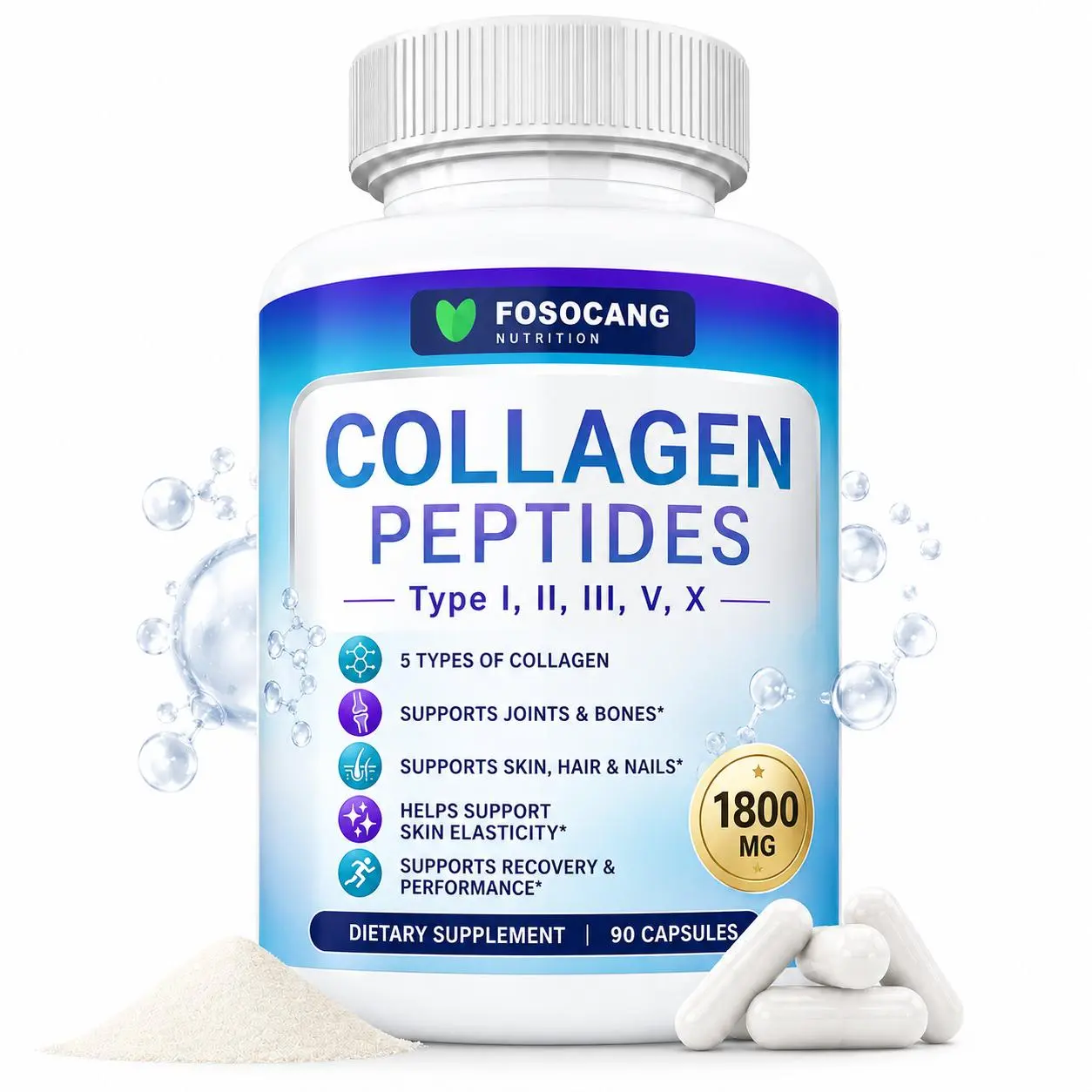 Multi Collagen Peptides Pills 1800 Mg Complex - Type I, I, Ill,V,X Premium Collagen Complex for Better Skin & HairStrong Joint,Hydrolyzed Protein, for Men Women,90Capsules, Supplement