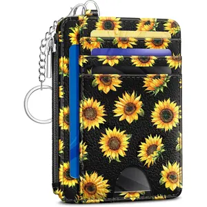 Sunflower Credit Card Holder Small Wallet Women, Slim RFID Blocking Wallet Woman Keychain with Zipper Coin Pocket, Front Pocket Thin Travel Card Case with ID Window for Ladies Gifts
