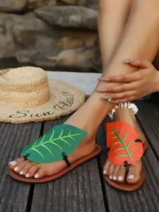 Women's Fashionable Leaf Design Slides, Leather Slides, Casual Comfortable Flat Slippers for Beach, Stylish Casual Footwear for Indoor & Outdoor Wear, Shoe
