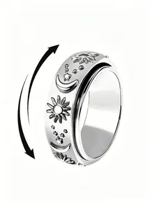 Sun Moon Stars Rotating Fidget Ring, Hypoallergenic Stainless Steel, Size 6-11, Anxiety Relief Spinner Ring, Stress Relieving, Meditation Fidget Jewelry, For Men & Women, Valentine’s Day Gift, Everyday Wear, Stackable, Unisex Jewelry, Stress Relief Toy