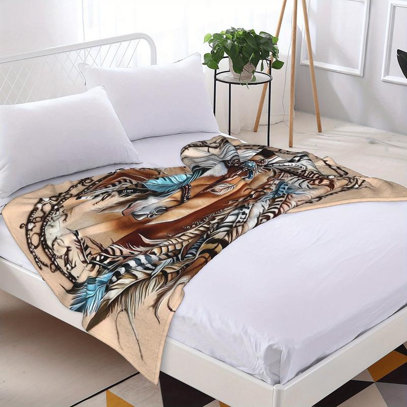 1pc Indian Style Horse Painting Throw Blanket - Soft Flannel, Warm & Durable, Machine Washable, Black with Vibrant Horse & Feather Design, Perfect for Camping, Picnics, Beach, and Outdoor Activities, 100% Polyester, All-Season Use, Outdoor Comfort |