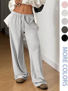 women's solid color drawstring waist wide leg pants, casual comfy trousers for spring & fall, women's bottoms for daily wear, baggy pants, womenswear, pants for women