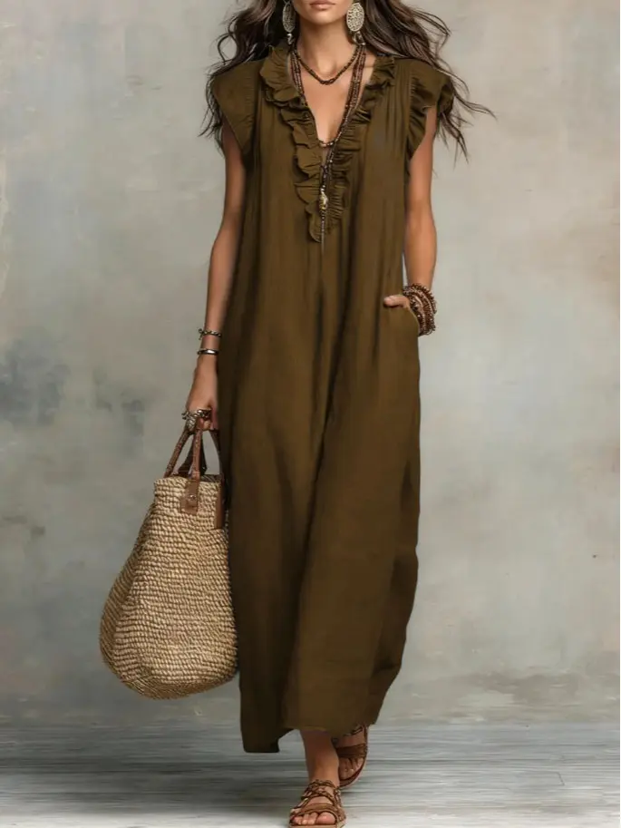 Women's Chic Bohemian Ruffle Neck Sleeveless Loose Fit Flowy Maxi Dress for Summer Beach Vacation, Casual Wear, Maxi Dress For Women