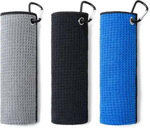 Golf Towels 3 Pack 16" X 16" with Carabiner Clip Microfiber Fabric Waffle Pattern Towels Golf Bags Tri-Fold Portable Towels