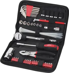 56-Piece Compact SAE Auto Tool Set - Emergency Car & Motorcycle Repair Kit - Red - DT977