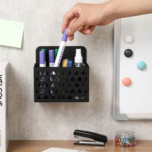 Wall Mounted Black Metal Whiteboard Marker Holder with Triangle Cutouts, Office Supply Storage Bin, Desktop Pencil Cup