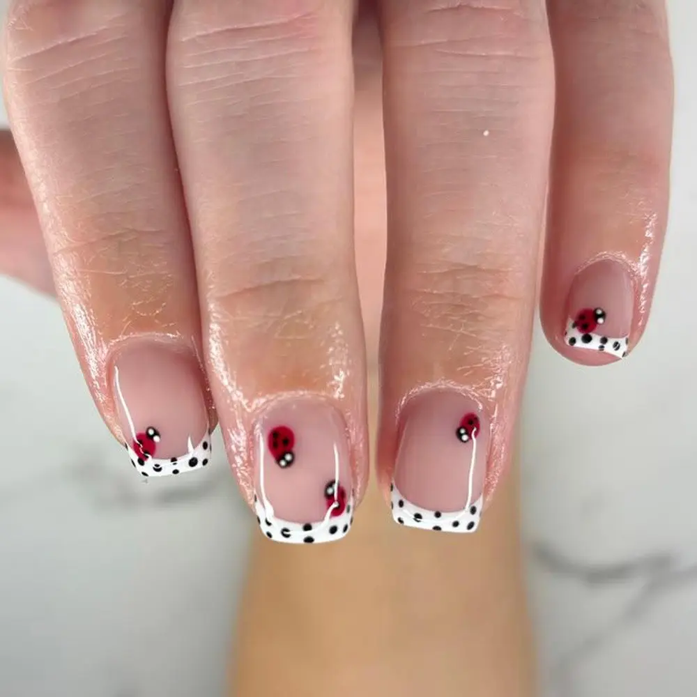24 Pcs Ladybug French Tip Nail Tips, Short Square Nude Base False Nails, Polka Dots & Ladybug Design, Spring Summer Nail Art Designs, Diy Fake Nails