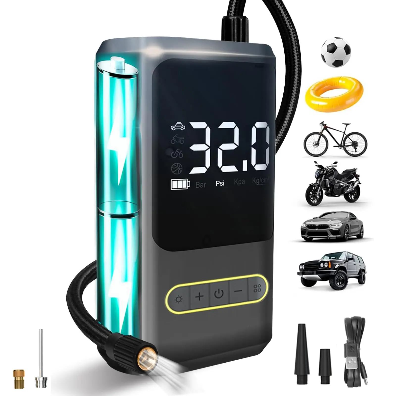 【DealsForYouDays】Tire Inflator Portable Air Compressor, 150 PSI Cordless Air Pump for Car Tires with Auto Shut-Off, LED Light and Digital Pressure Gauge, Electric Bike Tire Pump for Cars, Bike, Motorcycle, Ball (CE & FCC Certification)
