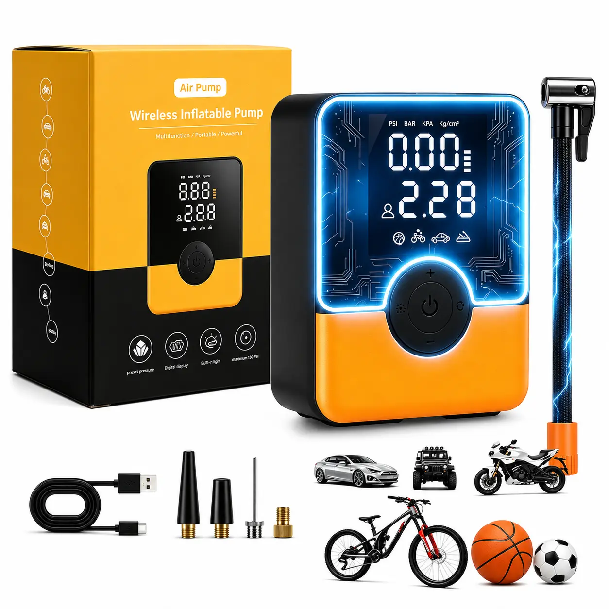 **Portable Tire Inflator 180 PSI, Cordless Air Compressor with Digital Pressure Gauge, Rechargeable Car Tire Pump with LED Light, Portable Electric Air Pump for Cars, Bikes, Motorcycles & Sports Balls**