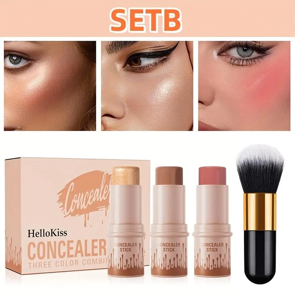 Hellokiss 3-Piece Cream Makeup Set - Waterproof Blush, Highlighter & Multi-Balm Stick with Brush, Buildable Medium Coverage with Plant-Derived Squalane, Flawless Festive Look for Halloween, Thanksgiving & Christmas