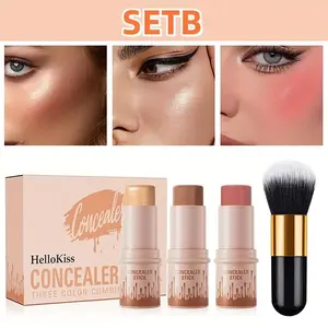 Hellokiss 3-Piece Cream Makeup Set - Waterproof Blush, Highlighter & Multi-Balm Stick with Brush, Buildable Medium Coverage with Plant-Derived Squalane, Flawless Festive Look for Halloween, Thanksgiving & Christmas