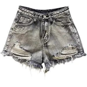 Worn Legs with Rough Edges Washed Black Denim Shorts