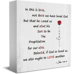 Bible Verse Wooden Box Sign Numbers 1 John 4:10-11 Christian Wooden Block Sign Religious Quote Desk Decor for Home Office Shelf Wall Decor Religious Gifts 5 x 5 Inches