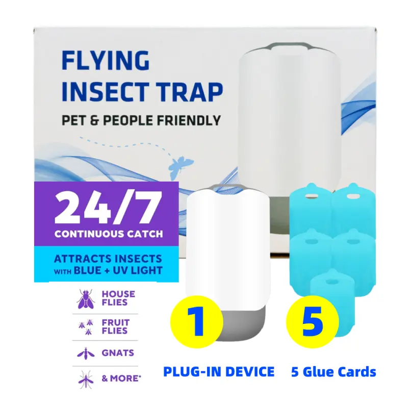 summerfinds Plug-In Insect Trap Device Pack - Easy Installation, No Battery, Fruit Fly Attractant Multi-Insect Catcher for Gnats & Mosquitoes, 5 Refill Cartridges, Indoor Killer System, Compatible with M364A (1 Base + 5 Cartridges)