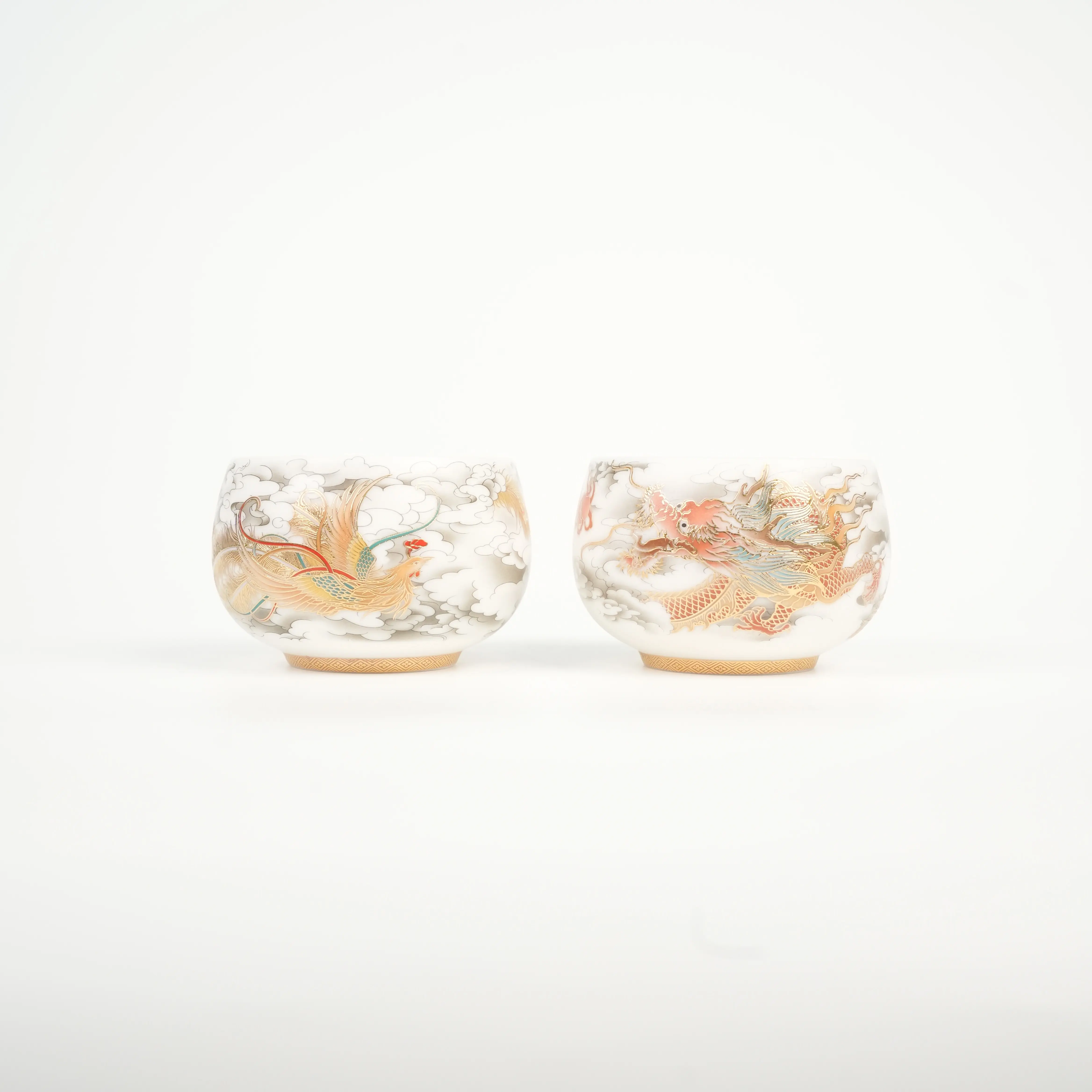 Classic Traditional Oriental Lead-Free Hand Painted Gold Rim Dragon Phoenix Porcelain Teacups 2Pcs Gift Box For Collection Wedding Housewarming Tea Ceremony
