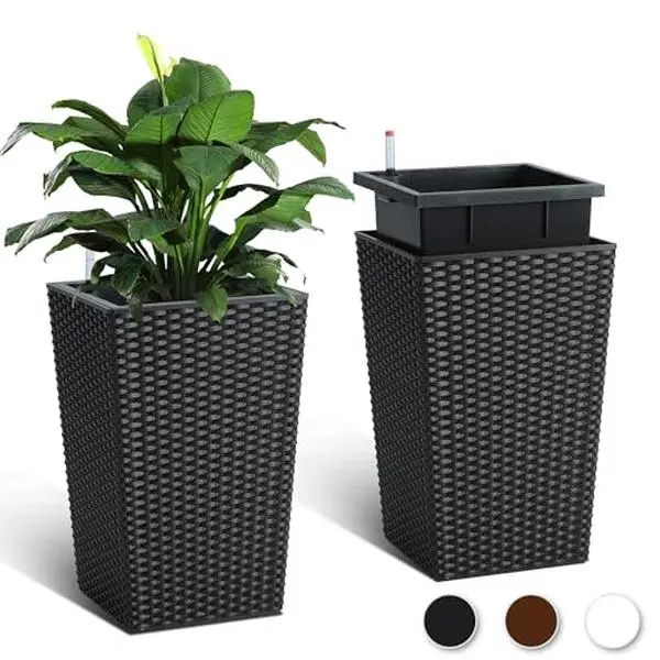 16” Tall Rattan Planter Set of 2 Outdoor and Indoor Plant Pots with Water Level Monitor & Wheels, Large Flower Pot with 2 Trays for Patio, Porch, Living Room, or Home Office, Black