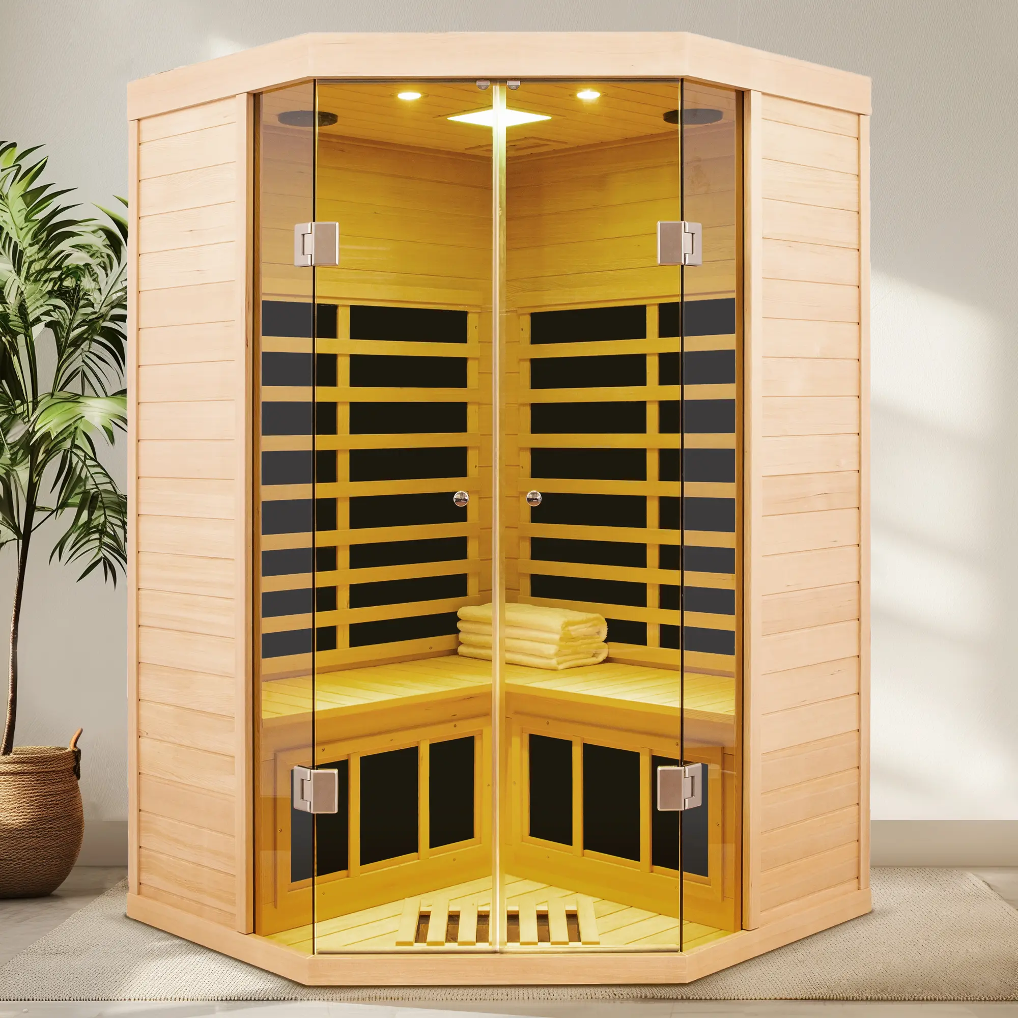 Corner Far Infrared Sauna Room for Two, Hemlock Wood with Glass Front, 47.24" x 47.24" x 76.38", Natural Finish, LCD Touch Control, Bluetooth Audio, LED Lighting