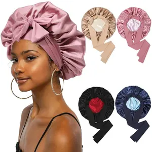 AWAYTR Large Reversible Double Layer Satin Bonnets Two Colored Silk Like Texture for Sleeping Cap with Elastic Band for Curly Hair Bonnet Nightcap Gifts for Women