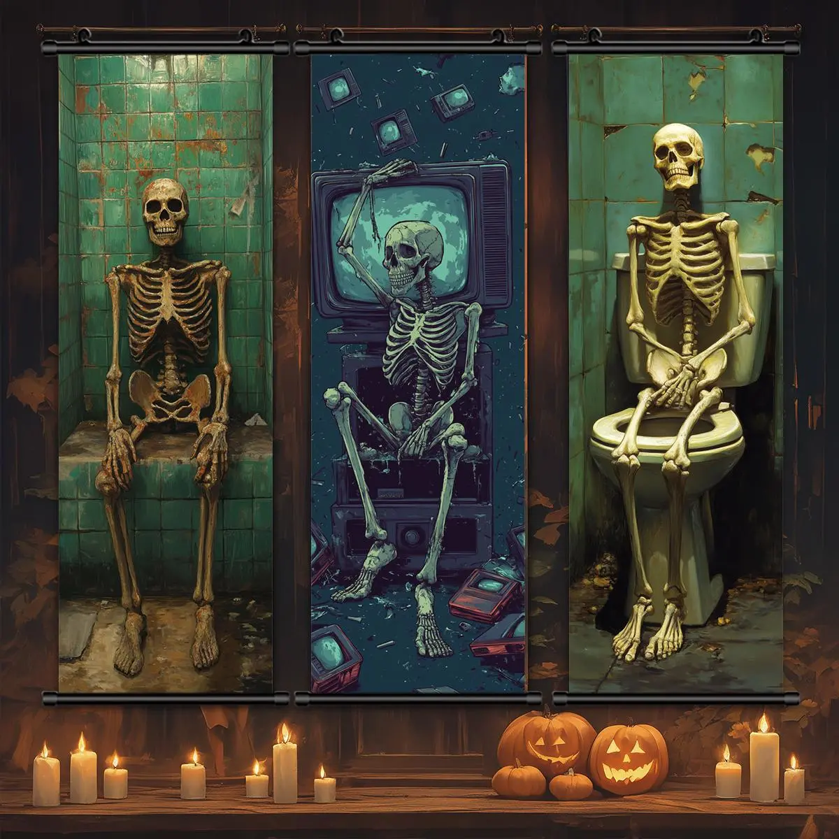 Halloween Themed Hanging Banner, 3 Counts/set Skeleton Pattern Wall Art with Gift Box, Halloween Decoration, Scary Skull Decoration, Wall Art for Home Living Room Bedroom