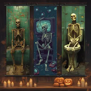Halloween Themed Hanging Banner, 3 Counts/set Skeleton Pattern Wall Art with Gift Box, Halloween Decoration, Scary Skull Decoration, Wall Art for Home Living Room Bedroom