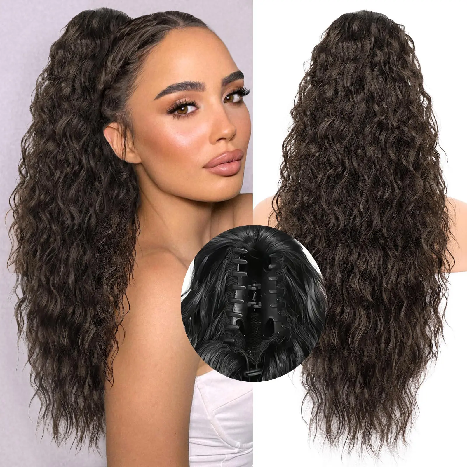 Long Wavy Curly Ponytail Extension for Women, 18/20/26 Inch Natural-Looking Synthetic Hair Piece with Drawstring and Claw Clip, Ponytail Hairstyles, Adjustable, Synthetic Extensions & Pieces