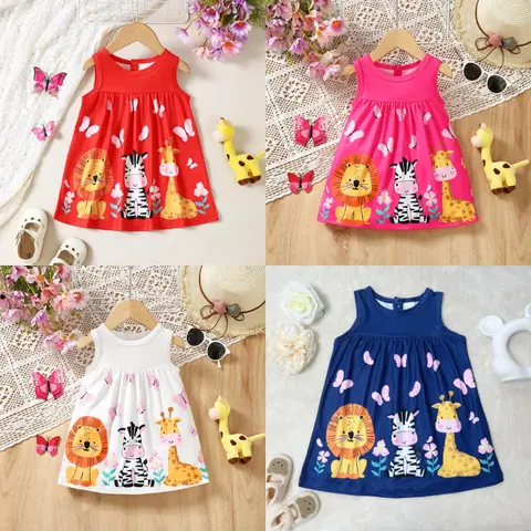Ready Stock Baby Girls' Sleeveless Summer 1-Piece Dress - 3M-3Y (3M,12-18M,2-3Y), Cute All-Over Animal Print (Giraffe,Lion,Zebra), Baby Clothes Girl Toddler Outfit for Casual,Festival Use,GS112401603