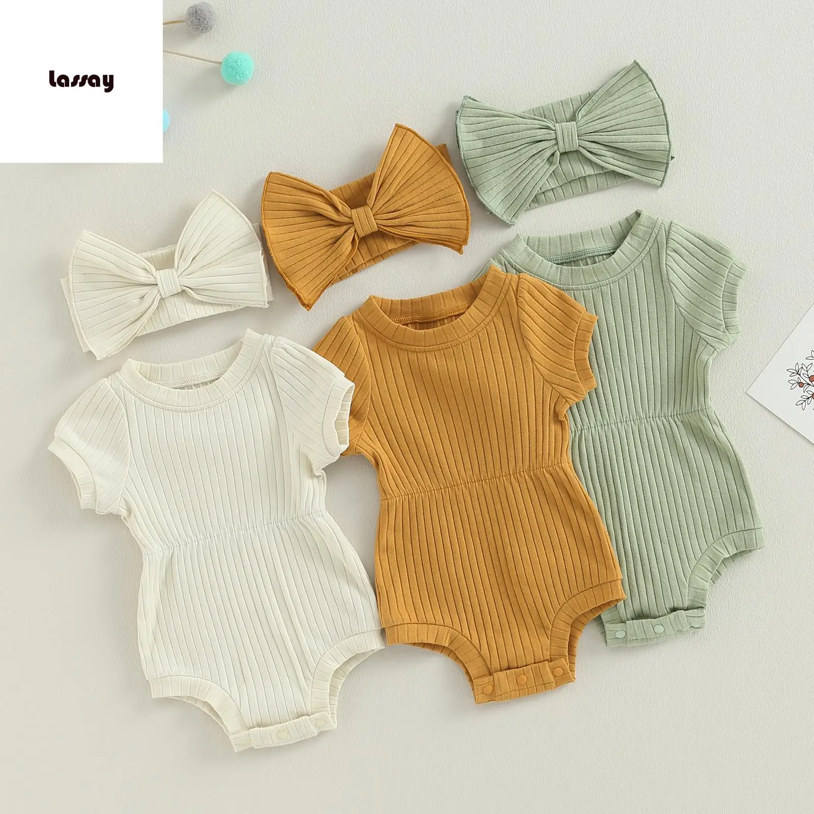 Baby Girl 2 Piece Outfits Solid Color Short Sleeve Romper with Bow Headband Set Summer Clothes