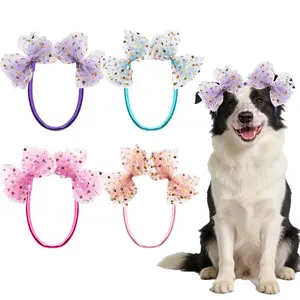 4Pcs Colourful Dog Hair Bow Headband for Large Dogs, Adjustable Lace Pet Dog Hair Bow Headband for Pets Puppy Cats Grooming Accessories