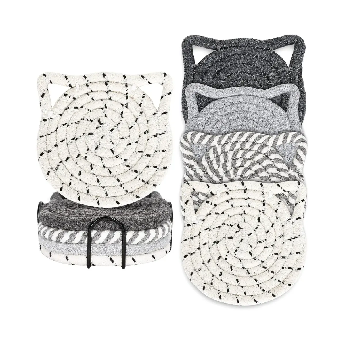 Cat Ear Coasters Set with Holder – 4PCS Cute Cotton Woven Absorbent Drink Coasters