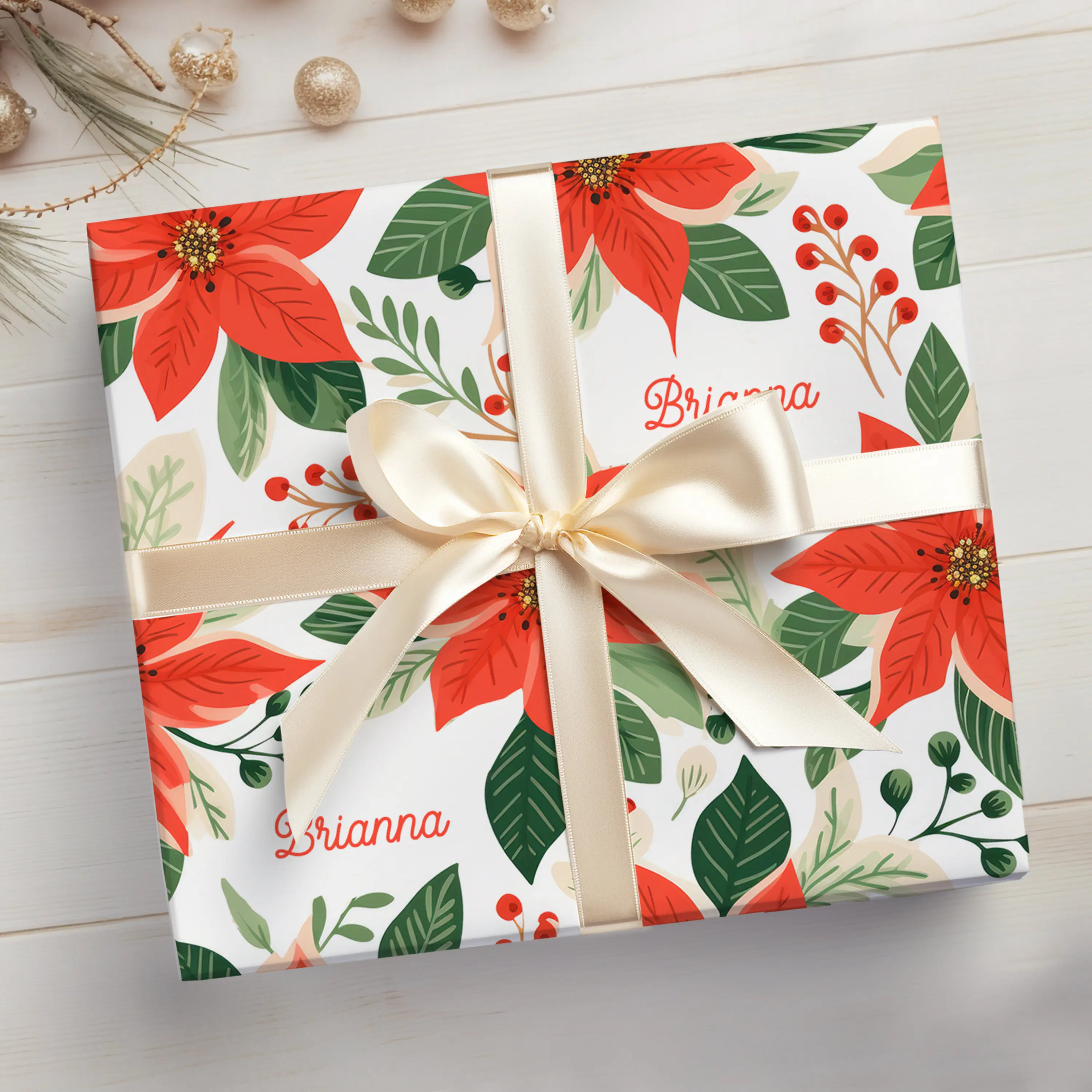 Customizable Poinsettia Wrapping Paper With Name, Personalized Christmas Poinsettia Wrapping Paper Roll