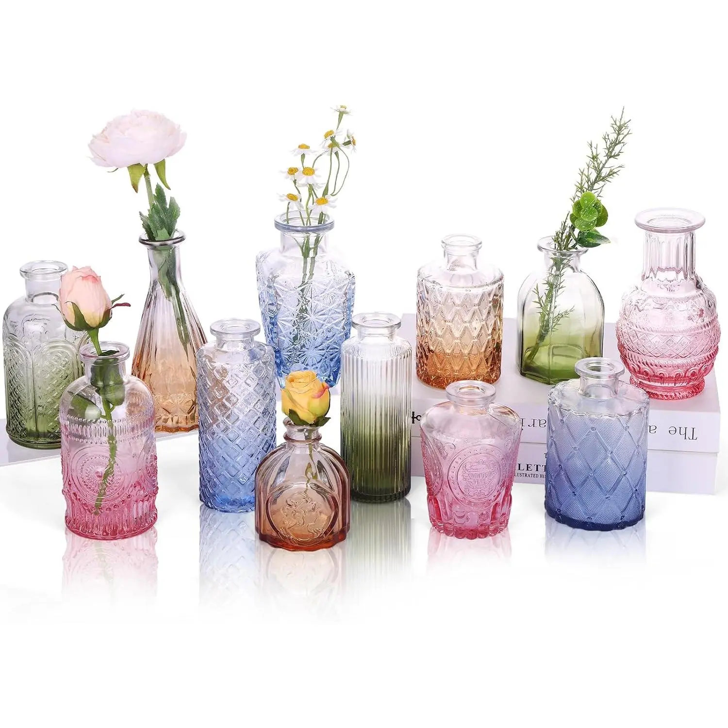 12 Pack Colorful Glass Bud Vases, Small Colored Vintage Vases for Centerpieces, Decorative Flower Vases for Wedding Home Table Decor(Amber, Blue, Green, Pink)
