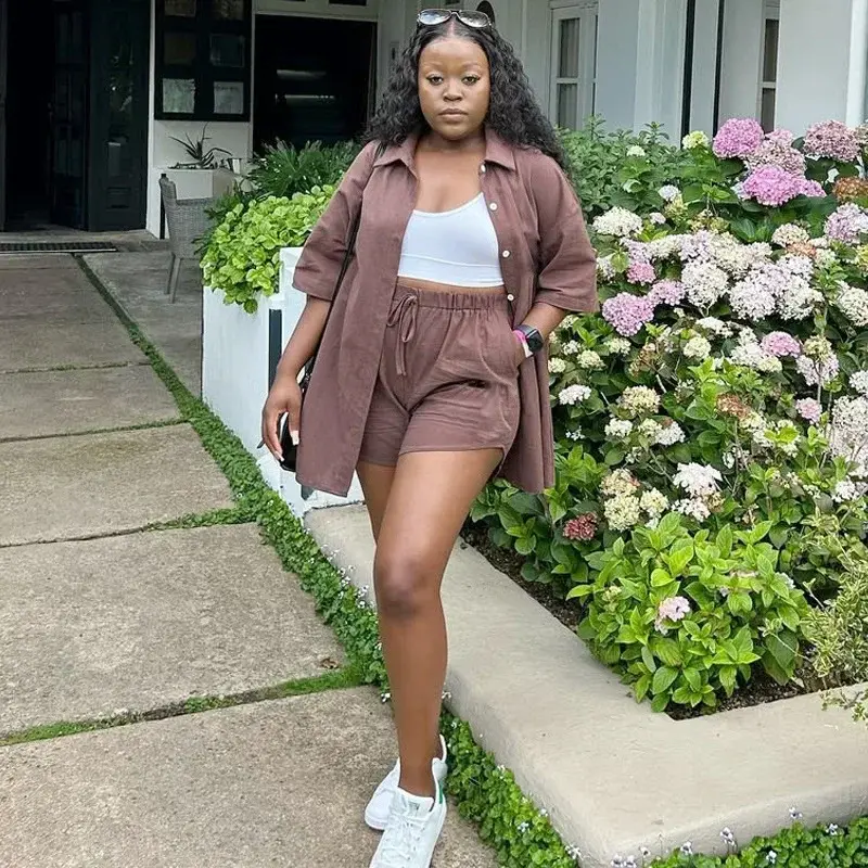 summer autumn clothes 2025 new Casual Women's Fashion Set Short Sleeve Button up Shirt And Shorts Two Piece Set Polyester Fiber from Mainland China Womenswear Check Light Suits Gamis Basic