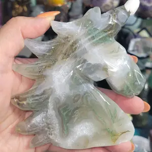 Moss Agate Quartz Druzy Unicorn Natural Crystal Stone Carving Home Decor