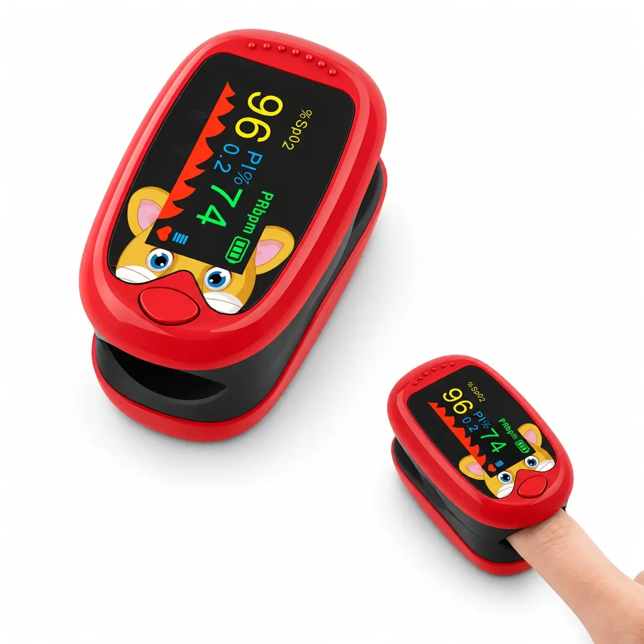Portable Red Cute Cartoon Finger-Clip Pulse Oximeter , Basic Model with Bright Color Display, 1-Button Operation, Automatic Power-Off, Smart No-Idle Power Management, Family Use ，School Use