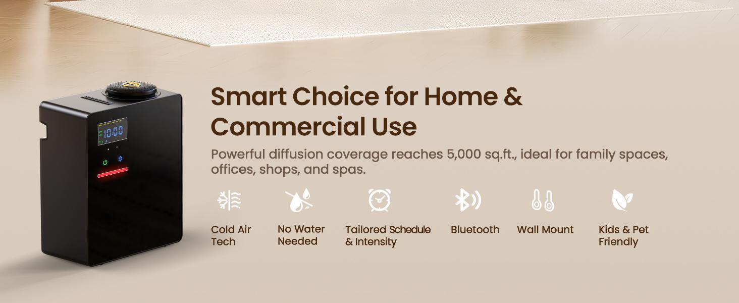 Waterless Essential Oil Diffuser 5000 Sq.Ft Coverage for Large Home, Hotel, or Office, 200ml Cold Air Scent Diffuser Machine with Bluetooth App Control, Quiet No-Heat HVAC Fragrance Diffuser