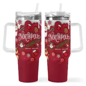 40oz Christmas-Themed Insulated Tumbler with Handle and Straw - Perfect for Hot Chocolate, Coffee, and Cold Drinks - Drinkware, Flasks