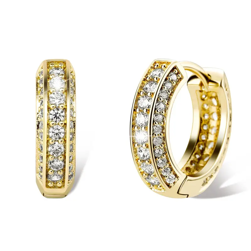 Women's 14 Karat Gold Plated Iced-Out Huggie Hoop Earrings - 5A+ CZ Shine, Hypoallergenic Round Gold-Tone Cartilage Cuff, Artificial Zircon Bling Jewelry for Anniversary Daily Elegance