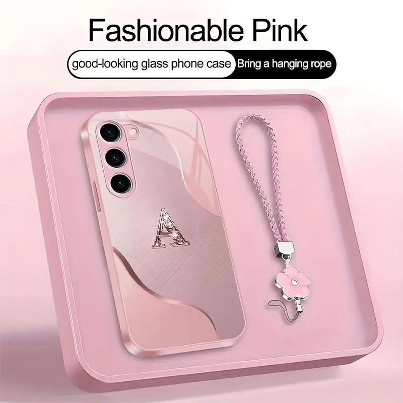 Wave Art 26 letter Phone Case, Suitable for [Galaxy S23 5g] high-end women's, Lanyard a beautiful four-leaf clover lanyard is included🍀 952