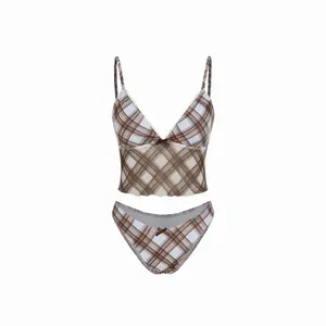 Cider High Stretch Checks Sweetheart Tankini Cheeky Bikini Set Cider High Stretch Checks Sweetheart Tankini Cheeky Bikini Set