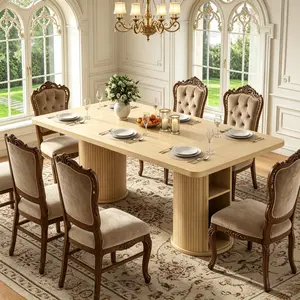 Loomie Farmhouse Dining Table Seats 8-10 People, Mid-Century Modern Dining Room Furniture with Fluted Wood Base & Hidden Slide Door Design, Natural Wood Kitchen Dinner Table for Living Room, Dining Area & Home Use