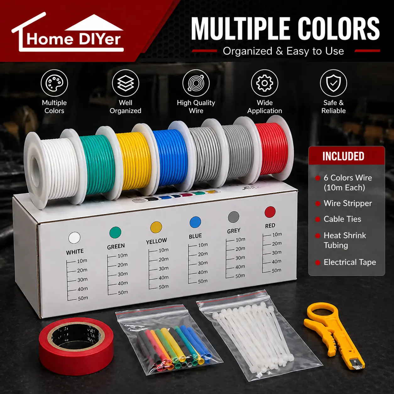 Silicone Flexible AWG Wires Spool Set (1 Set) - 16/18/20AWG Stranded Copper Wiring, 10m/32.8ft & 5m/16.4ft Spools, 6 Colors, -60°C to +200°C Heat Tolerant, 600V Circuit Ready, for DIY Home LED Lighting, Electrical Equipment
